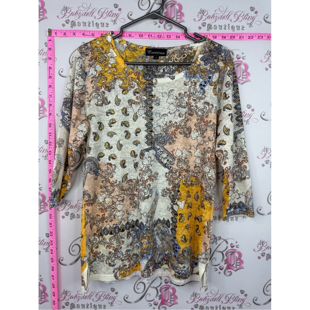 Creation top rhinestones crystal Paisley Print Scoop Neck Top - Yellow Multi